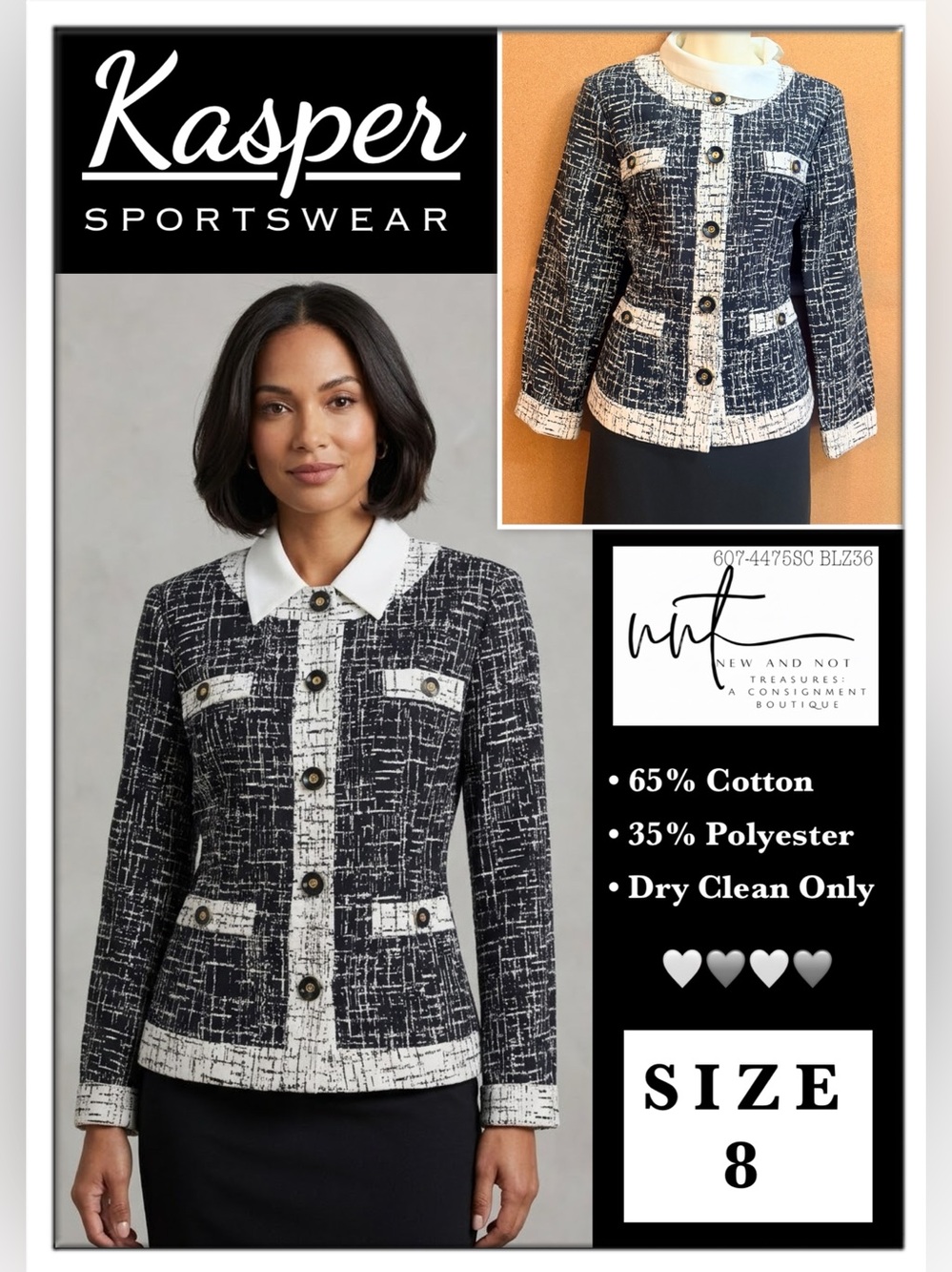 Kasper Sportswear Black & Ivory Contrast Trim Jacket Size 8 Classic Career